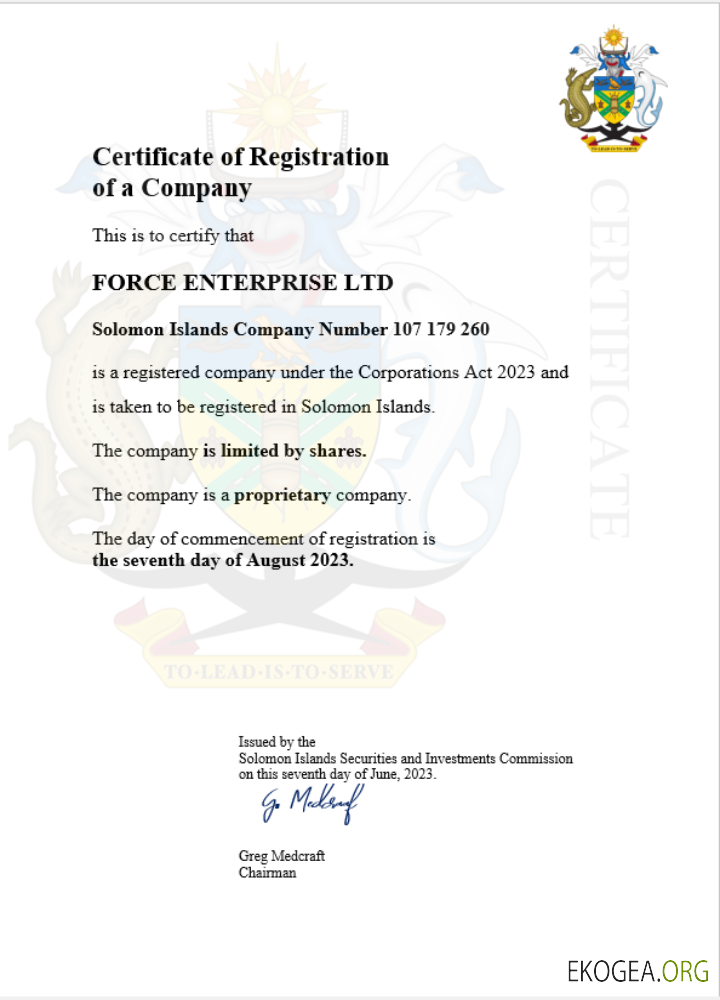 Modèle Word et PDF de certificat d'enregistrement d'entreprise des Îles Salomon